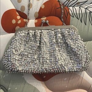 Silver Sequin Evening Bag with Chain Strap